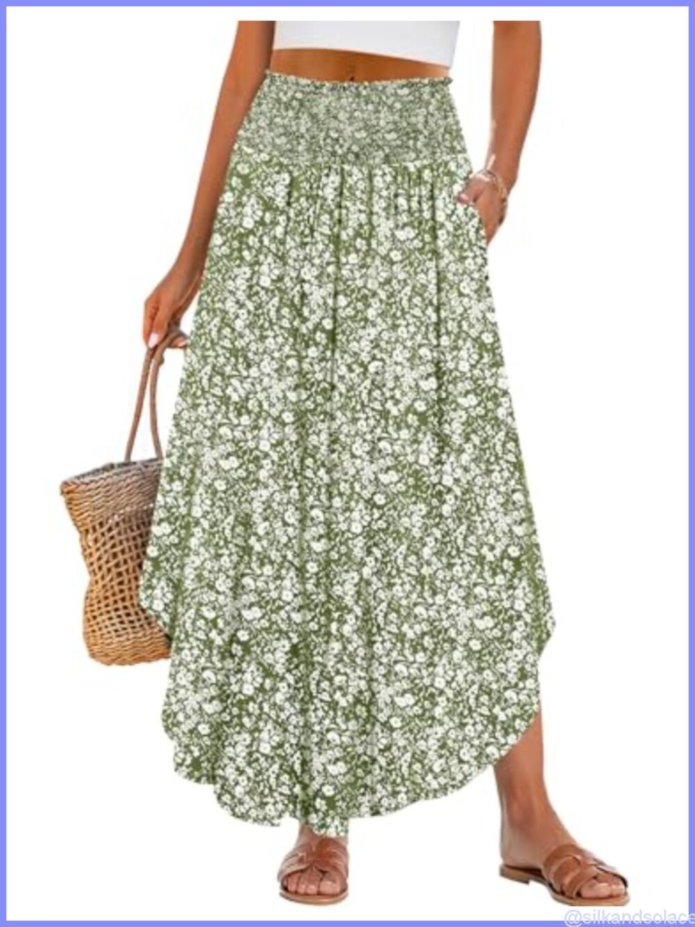 Boho Floral High Waisted Maxi Skirt with Pockets Flowy Swing Pleated Beach Long